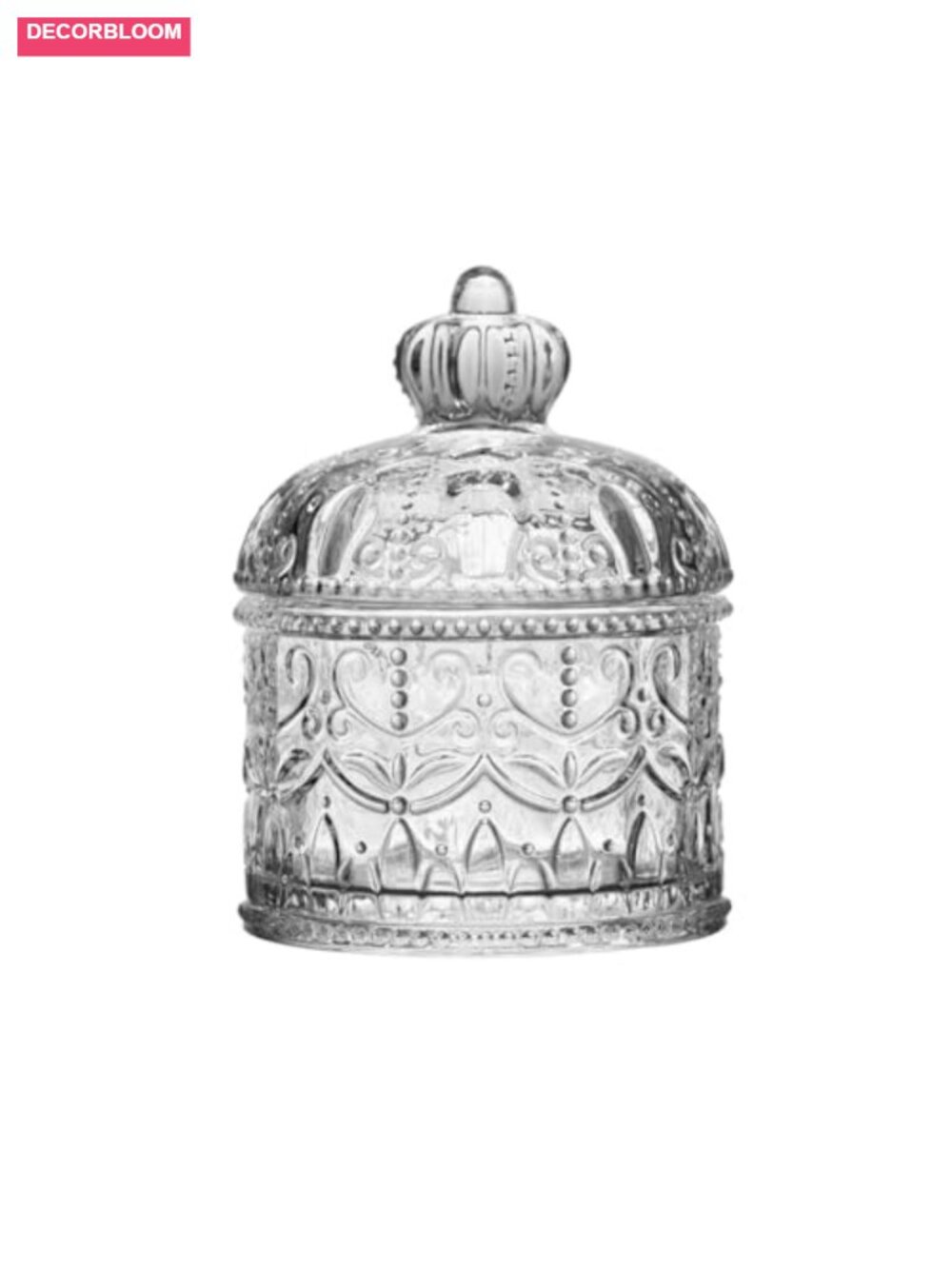 Crown Embossed Clear Glass Candy Jar Airtight Lid 200ml Storage Container